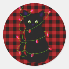 Pegatina Redonda Gato negro | Navidades Meowy | luz de la estrella 
