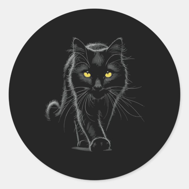 Pegatina Redonda Gato negro ojos amarillos (Anverso)