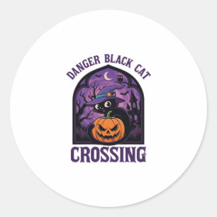 Pegatina Redonda Gato Negro Peligro Cruzando Halloween Calabaza Bru
