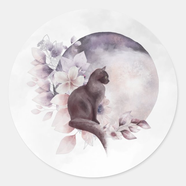 Pegatina Redonda Gato negro por una luna llena mágica (Anverso)