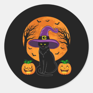 Pegatina Redonda Gato negro retro Halloween Calabaza de disfraces m