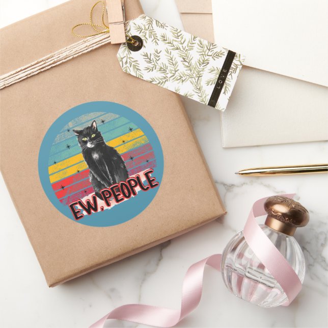 Pegatina Redonda Gato negro retro vintage (Regalar)