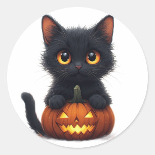 Pegatina Redonda Gato Negro Sentado en Calabaza