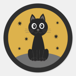 Pegatina Redonda Gato negro sentado viendo las estrellas