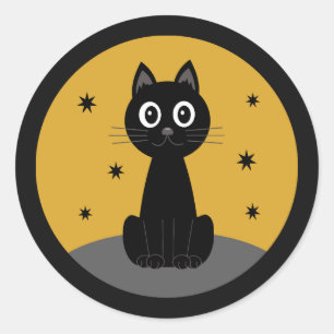 Pegatina Redonda Gato negro sentado viendo las estrellas