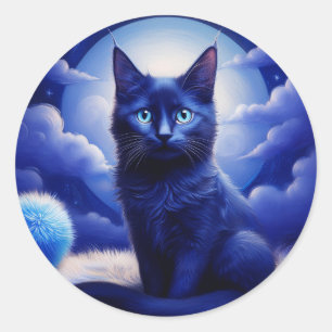 Pegatina Redonda Gato Negro Sobre Un Fondo De Una Luna Azul