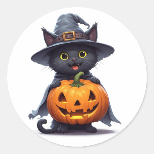 Pegatina Redonda Gato Negro Sombrero de Bruja Calabaza Decoración d