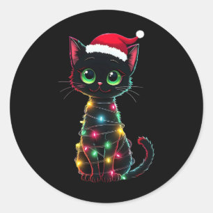 Pegatina Redonda Gato Negro Sombrero de Santa Navidad Gatos Meowy 1