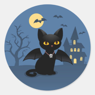 Pegatina Redonda Gato negro vampiro de Halloween con alas