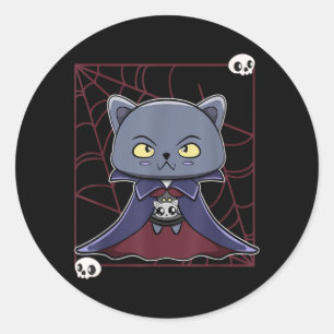 Pegatina Redonda Gato Negro Vampiro Drácula y Artículo de Monstruo