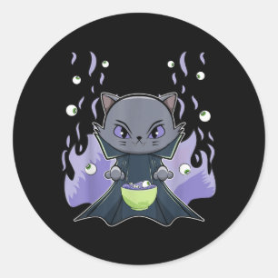 Pegatina Redonda Gato Negro Vampiro Drácula Y Ramen Para Halloween