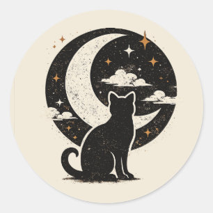 Pegatina Redonda Gato negro vintage bajo luna creciente Minimalis