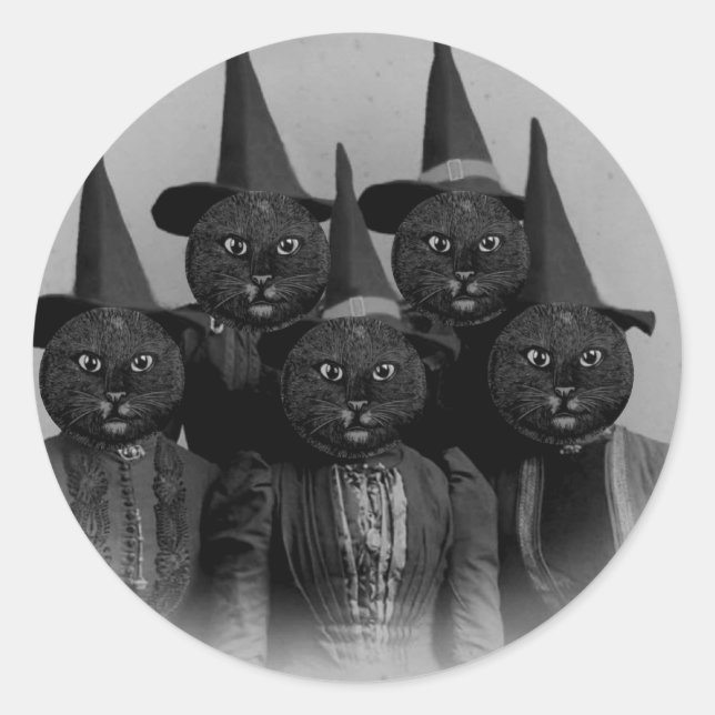 Pegatina Redonda Gato negro vintage/brujas (Anverso)