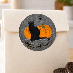 Pegatina Redonda Gato Negro Vintage Feliz Halloween