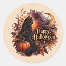Gato Negro Vintage Feliz Halloween Acuarela Redond