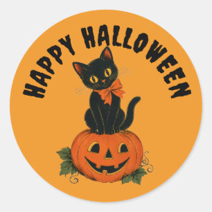 Pegatina Redonda Gato Negro Vintage Jack-O'-Lantern Feliz Halloween