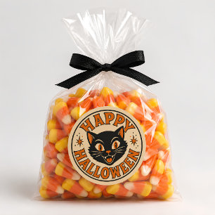 Pegatina Redonda Gato negro vintage retro feliz Halloween