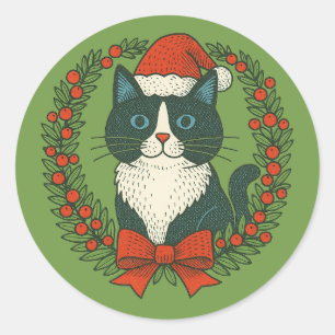 Pegatina Redonda Gato negro y blanco, Navidades Santa