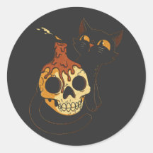 Gato Negro Y Calavera En Estilo Vintage