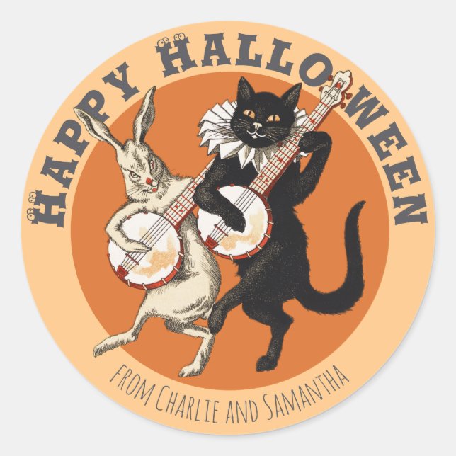 Pegatina Redonda Gato negro y conejo roguayo CC1052 Halloween (Anverso)