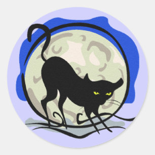 Pegatina Redonda Gato negro y fondo azul de la luna completa, ZSSG