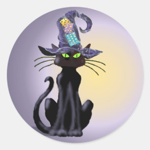 Pegatina Redonda GATO NEGRO y GORRA de SHARON SHARPE