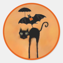 Pegatina Redonda Gato negro y murciélago divertidos de Halloween