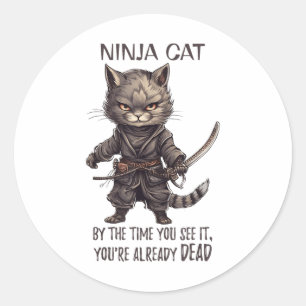 Pegatina Redonda Gato Ninja, japonés samurai kawaii Cat Tattoo Funn