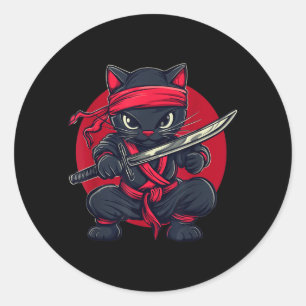 Pegatina Redonda Gato Ninja Samurái Japón Bandera Japonesa Kawaii D