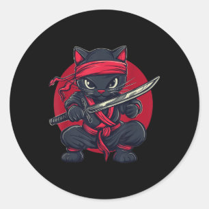 Pegatina Redonda Gato Ninja Samurai Japón Bandera japonesa Kawaii F