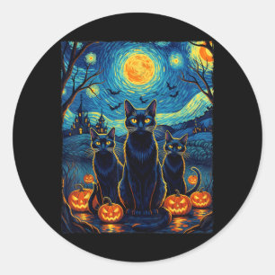 Pegatina Redonda Gato Noche Estrellada Halloween Amantes Gatos Negr