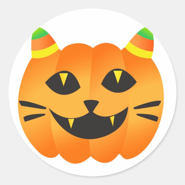 Pegatina Redonda Gato-o'-Lantern de Halloween (Anverso)