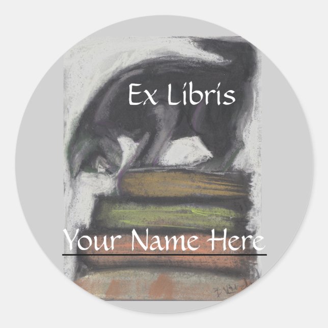 Pegatina Redonda Gato parado en la pila de libros - arte original (Anverso)