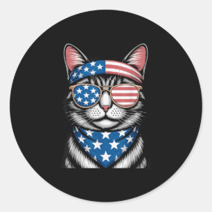 Pegatina Redonda Gato Patriótico 4 De Julio Bandera Americana Gato