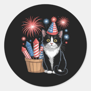 Pegatina Redonda Gato Patriótico América Gatos Bandera De Estados U