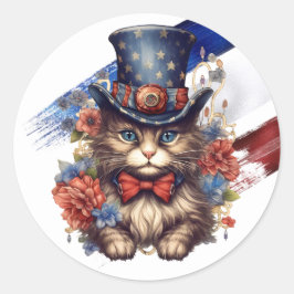 Pegatina Redonda Gato Patriótico Americano