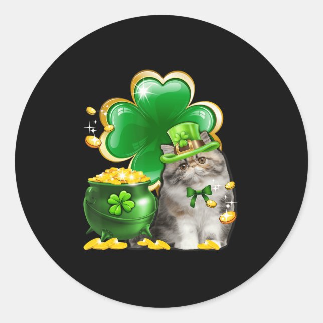 Pegatina Redonda Gato persa lindo Shamrock irlandés St Patrick D (Anverso)