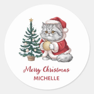Pegatina Redonda Gato personalizado con sombrero de Santa árbol de