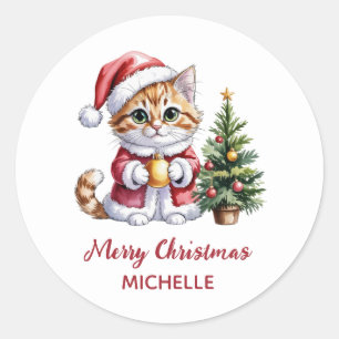 Pegatina Redonda Gato personalizado con sombrero de Santa árbol de 