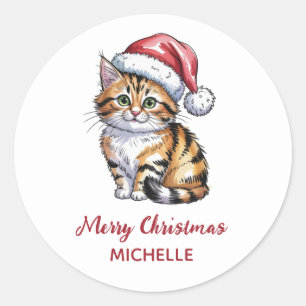 Pegatina Redonda Gato personalizado con sombrero de Santa Navidad 