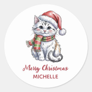 Pegatina Redonda Gato personalizado con sombrero de Santa Navidad