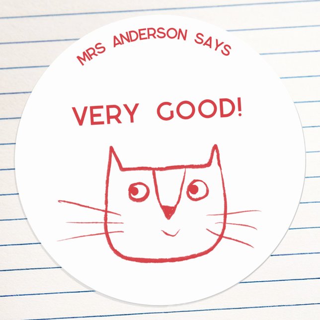 Pegatina Redonda Gato Personalizado divertido de estímulo de nombre (Fun kitty cat cartoon teacher name personalized encouragement message school classroom sticker)