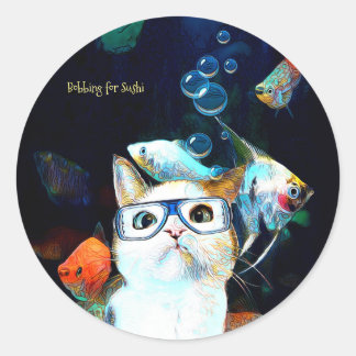 Pegatina Redonda Gato Pescado Sushi Humor Gracioso Fantasía Pegatin