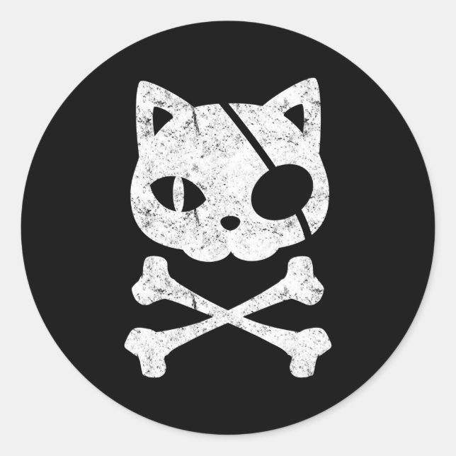 Pegatina Redonda Gato pirata Gatito Kitten Halloween Skull Cross Bo (Anverso)