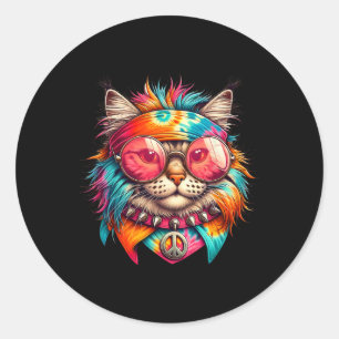 Pegatina Redonda Gato Psicodélico De La Paz Colorido Hippie Retro G