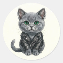 Gato Punk Azul Británico con Chaqueta de Cuero Peg