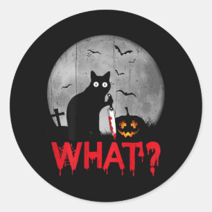 Pegatina Redonda Gato Qué_ Gato Negro Asesino Con Cuchillo Hallowee