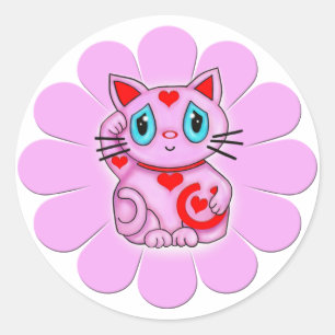 Pegatina Redonda Gato que tienta afortunado rosado de Maneki Neko