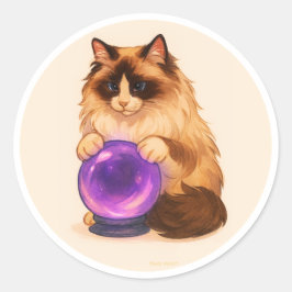 Pegatina Redonda Gato Ragdoll con bola de cristal púrpura