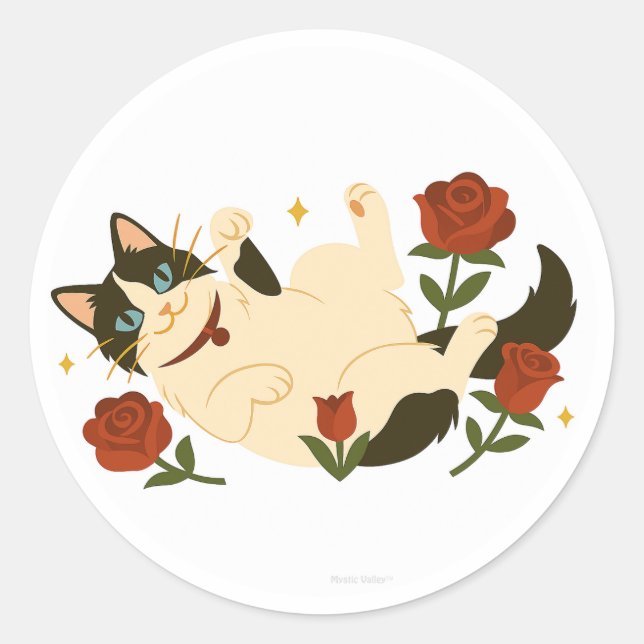 Pegatina Redonda Gato Ragdoll en Rosas (Anverso)